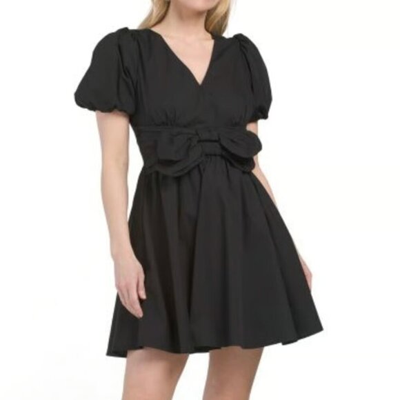 Moon River Puff Sleeve Front Bow Detail Poplin Mini Dress NWT Black Size Small - Picture 2 of 7